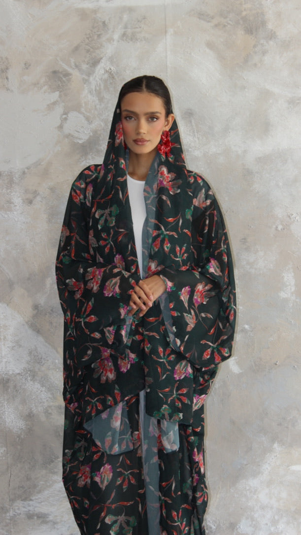 Sommer Bottle Green Printed Kimono and Scarf Set