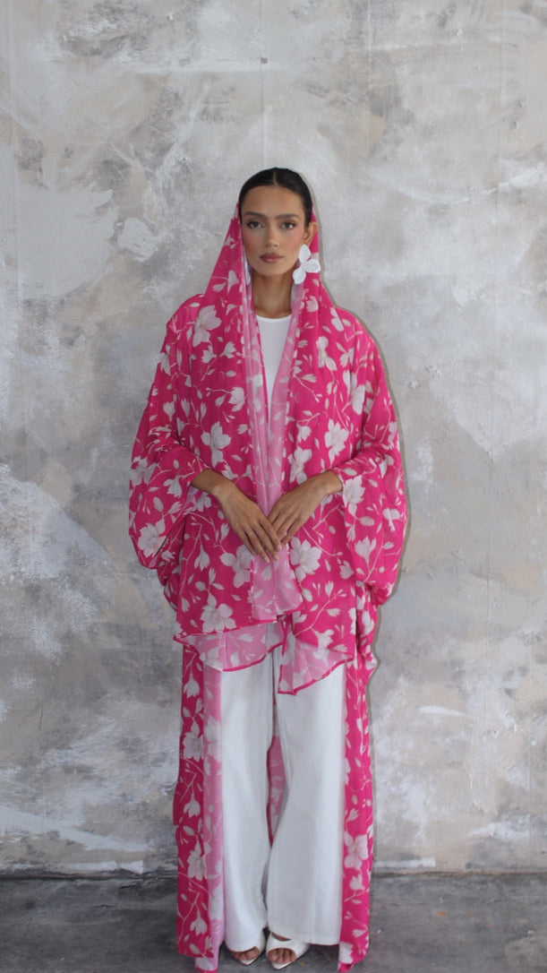 Sommer Hot Pink Printed Kimono and Scarf Set