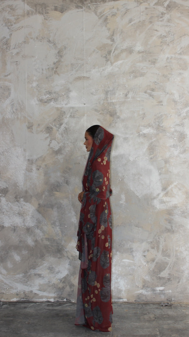 Sommer Wine Printed Kimono and Scarf Set