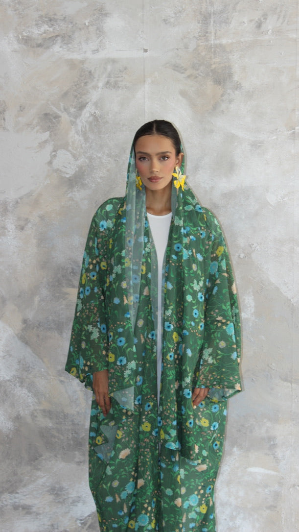 Sommer Forest Green Printed Kimono and Scarf Set