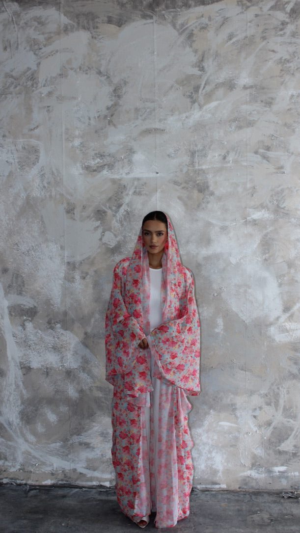 Sommer Blue and Pink Printed Kimono and Scarf Set