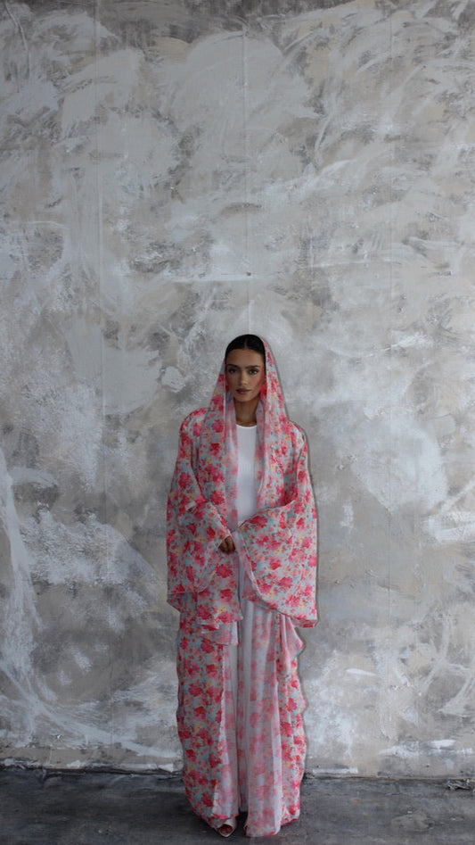 Sommer Blue and Pink Printed Kimono and Scarf Set