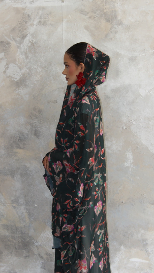 Sommer Bottle Green Printed Kimono and Scarf Set
