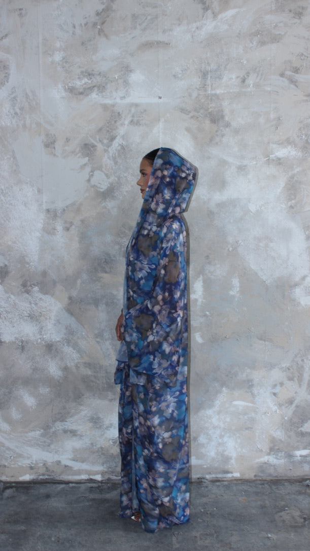 Sommer Blue Printed Kimono and Scarf Set
