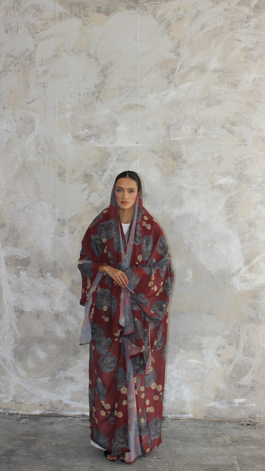 Sommer Wine Printed Kimono and Scarf Set