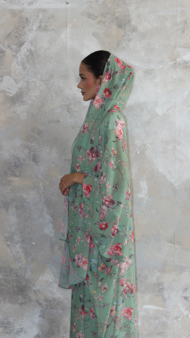 Sommer Matcha Printed Kimono and Scarf Set