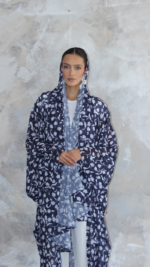 Sommer Dark Blue Floral Print Kimono and Scarf Set