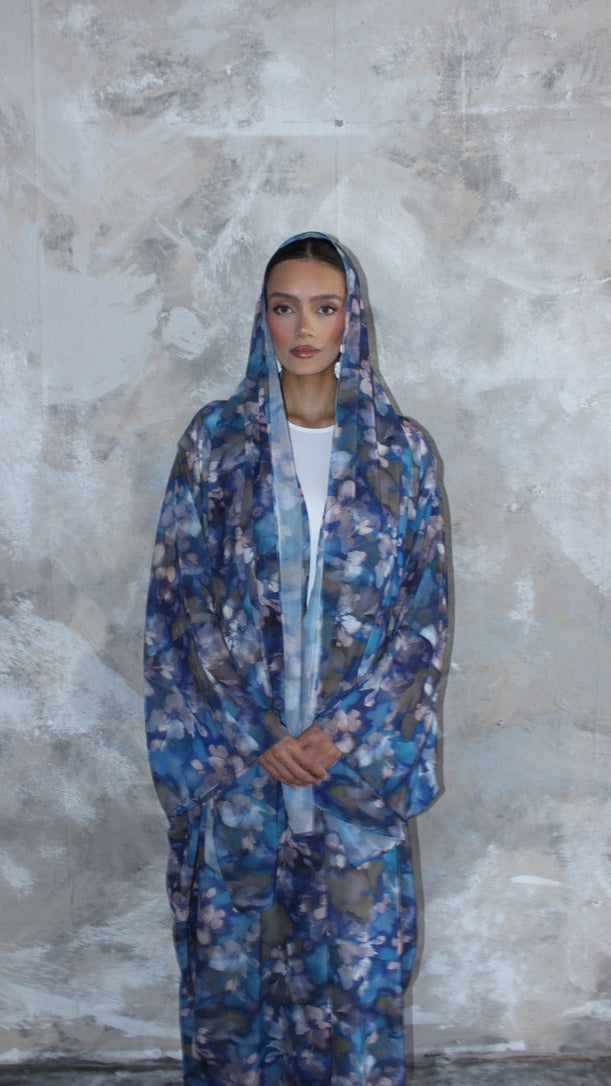 Sommer Blue Printed Kimono and Scarf Set