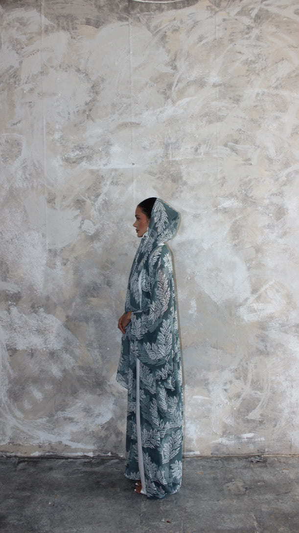Sommer Cadet Blue Print Kimono and Scarf Set
