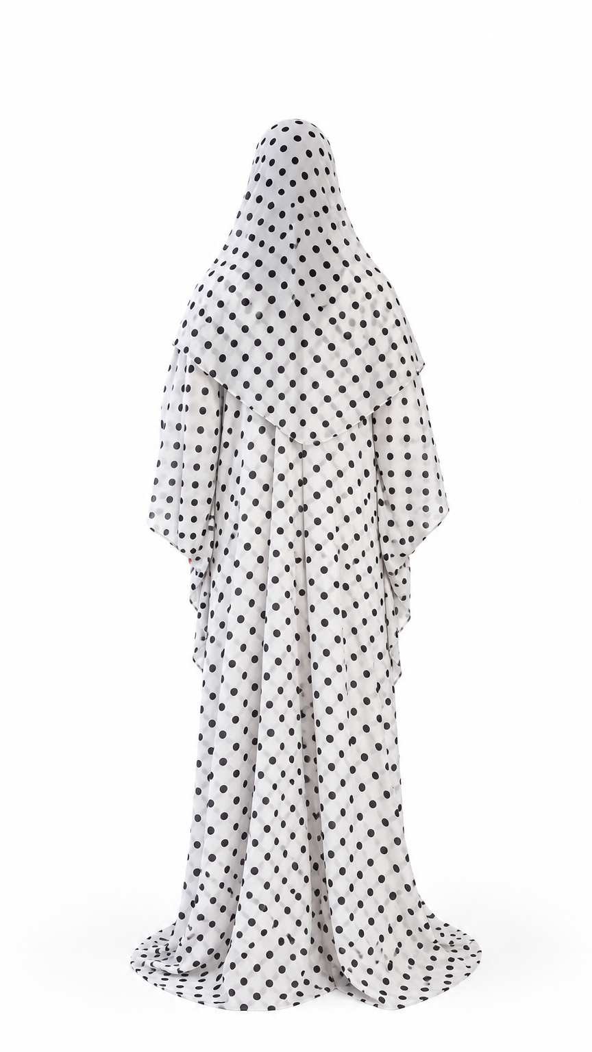 Aliya Prints - Polka Dot Three Piece Abaya and Scarf Set in White