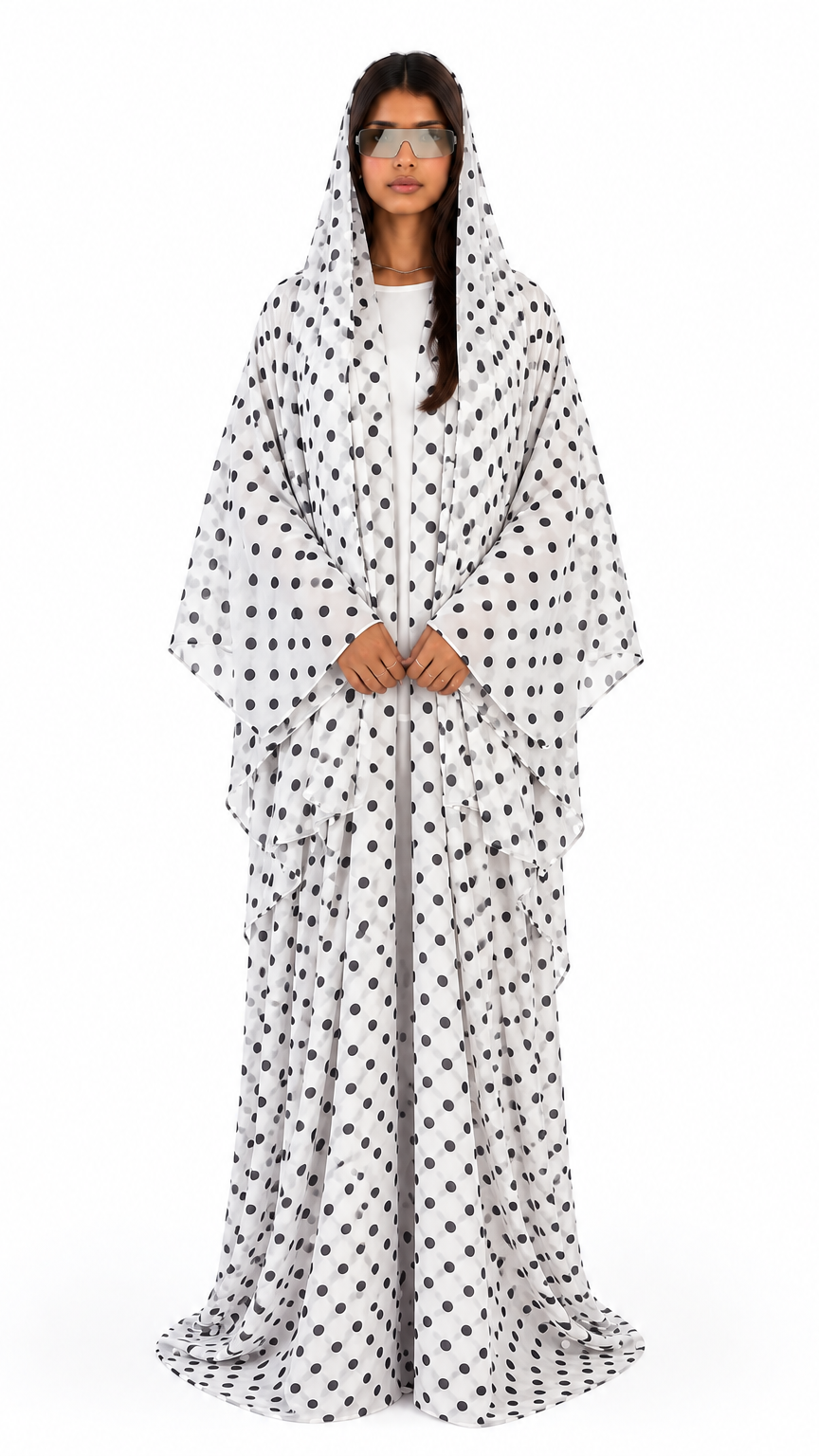 Aliya Prints - Polka Dot Three Piece Abaya and Scarf Set in White