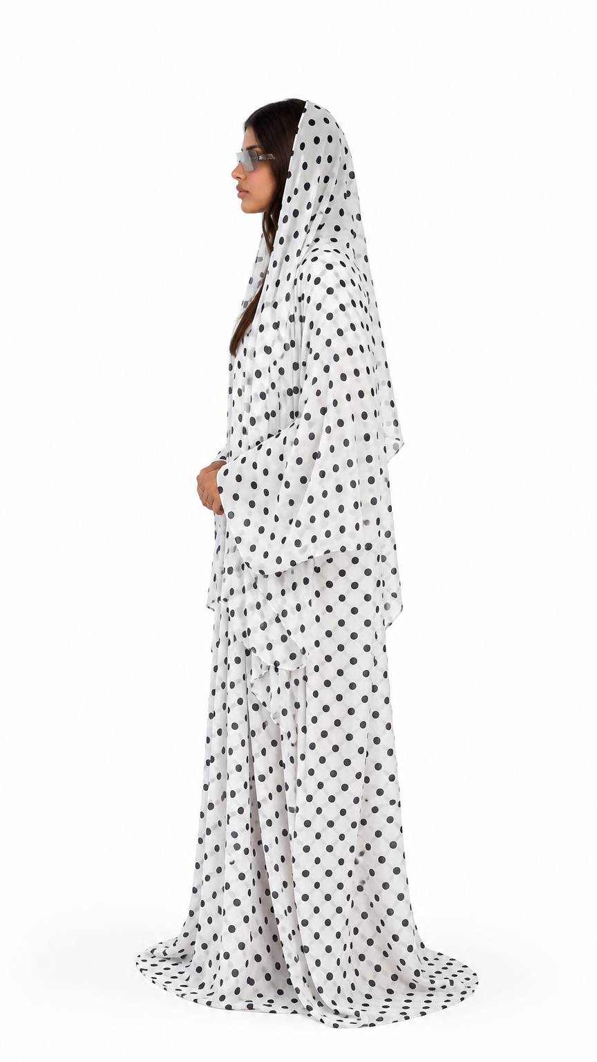 Aliya Prints - Polka Dot Three Piece Abaya and Scarf Set in White