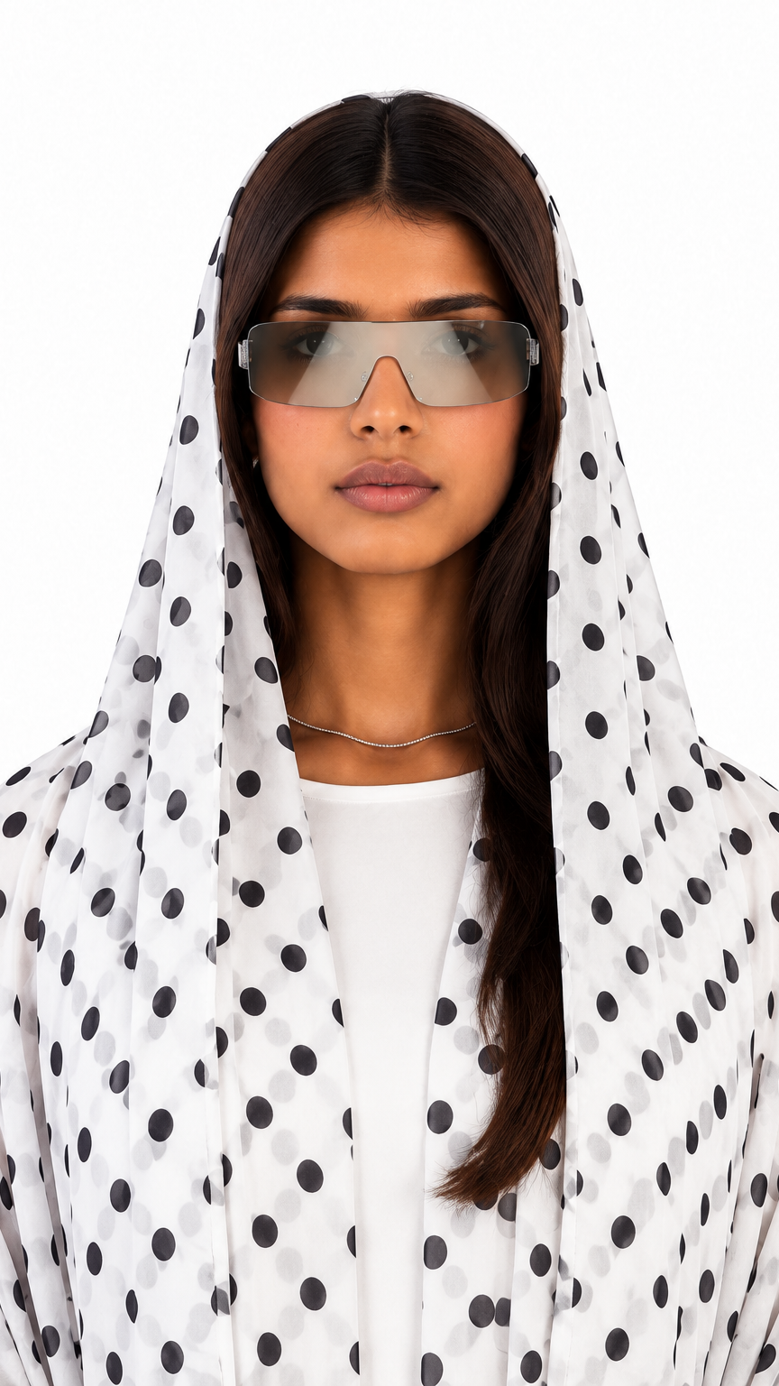 Aliya Prints - Polka Dot Three Piece Abaya and Scarf Set in White