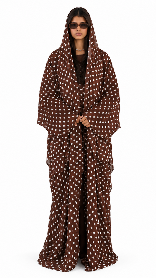 Aliya Prints - Polka Dot Three Piece Abaya and Scarf Set in Brown