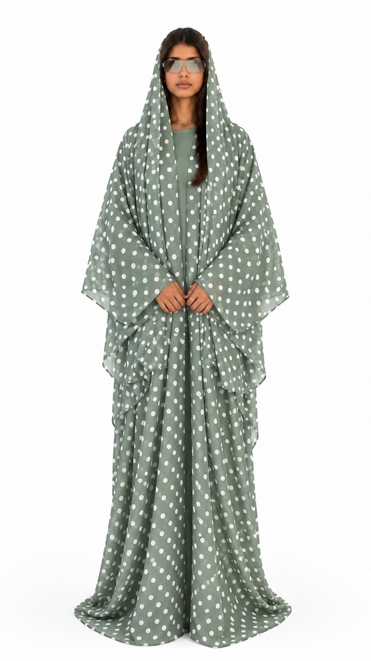 Aliya Prints - Polka Dot Three Piece Abaya and Scarf Set in Sage