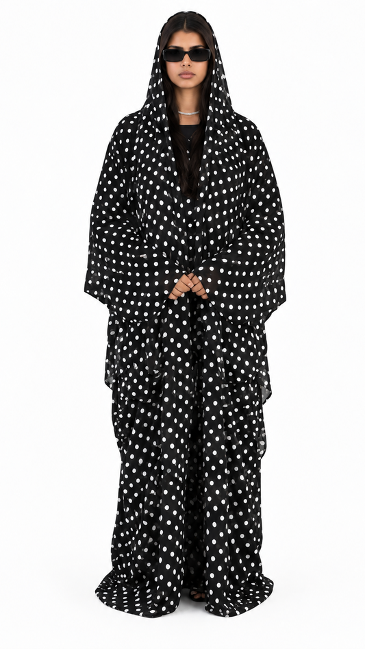 Aliya Prints - Polka Dot Three Piece Abaya and Scarf Set in Black