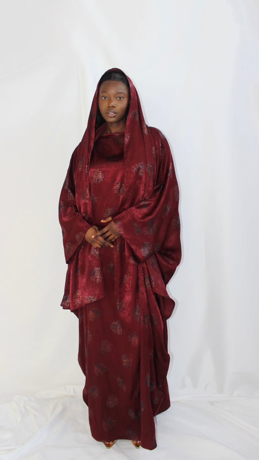 Hanifa Print Abaya & Scarf Set in Wine