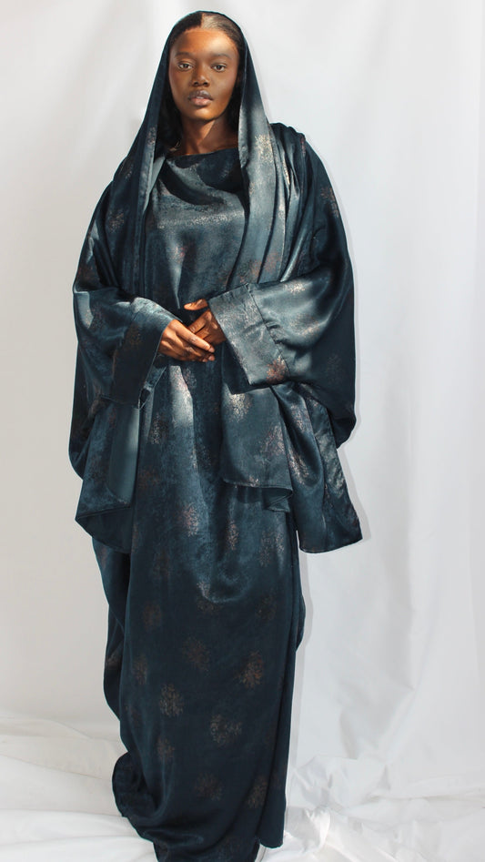 Hanifa Print Abaya & Scarf Set in Teal