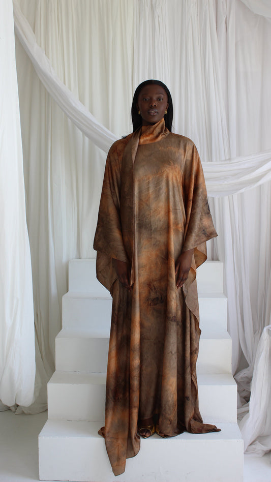 KATSUMI ORANGE & BROWN PRINT KAFTAN DRESS