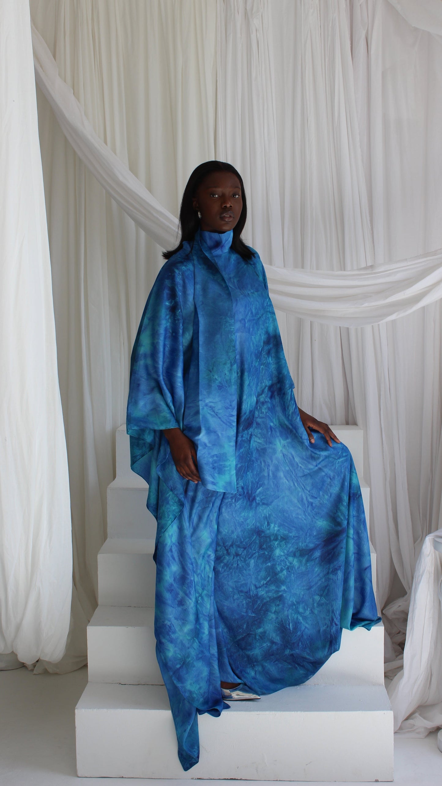 KATSUMI SEA BLUE PRINT KAFTAN DRESS