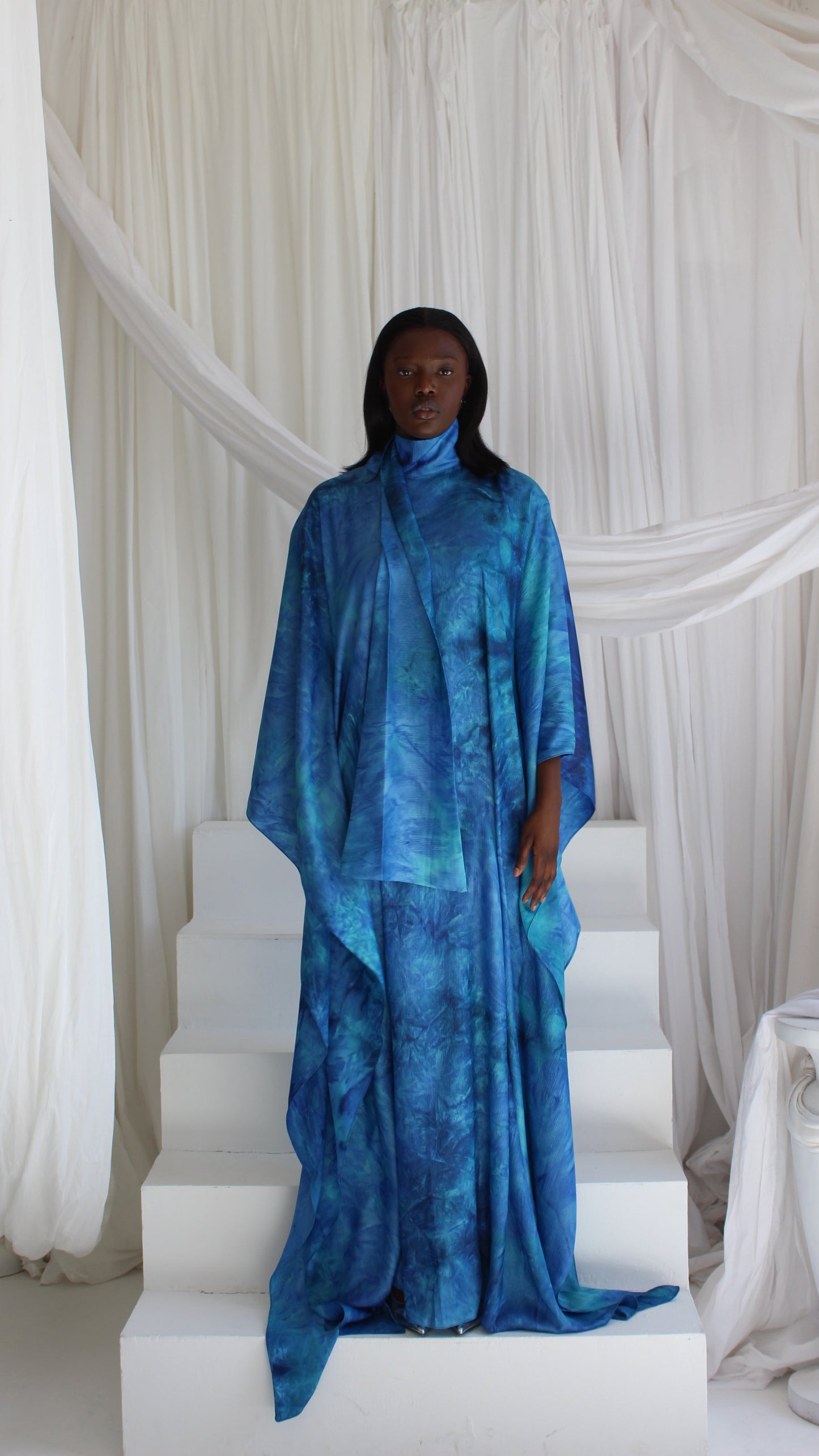 KATSUMI SEA BLUE PRINT KAFTAN DRESS