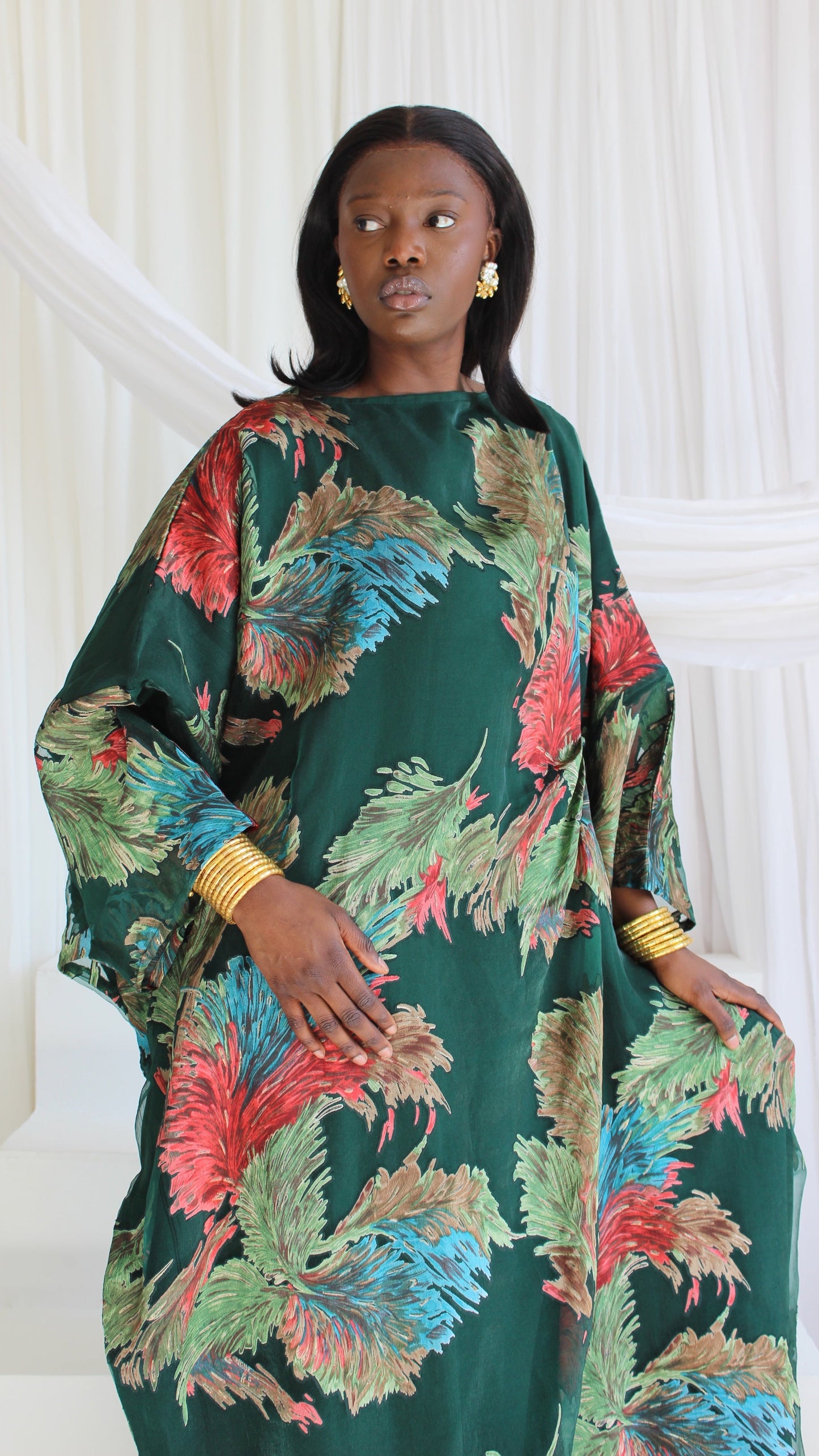 Wafa Print Kaftan Style Dress in Green and Coral