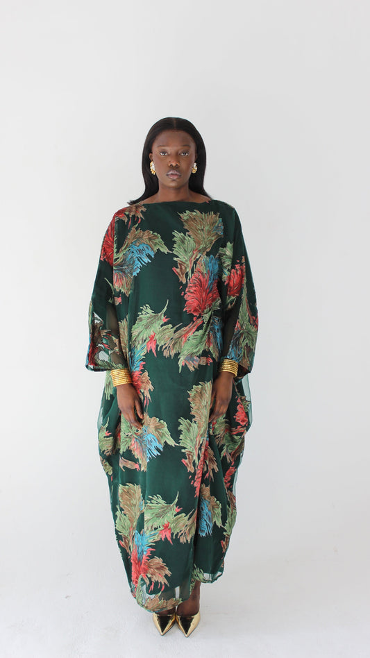Wafa Print Kaftan Style Dress in Green and Coral