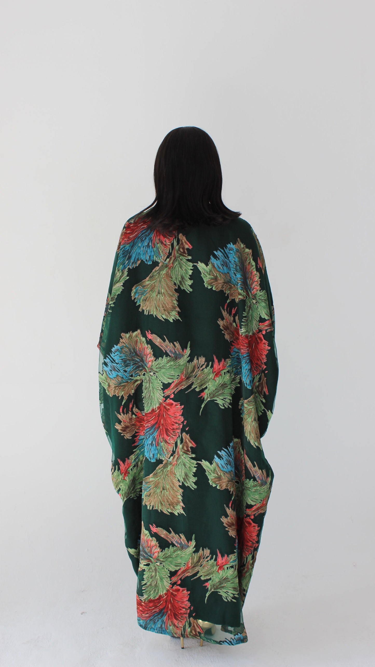 Wafa Print Kaftan Style Dress in Green and Coral