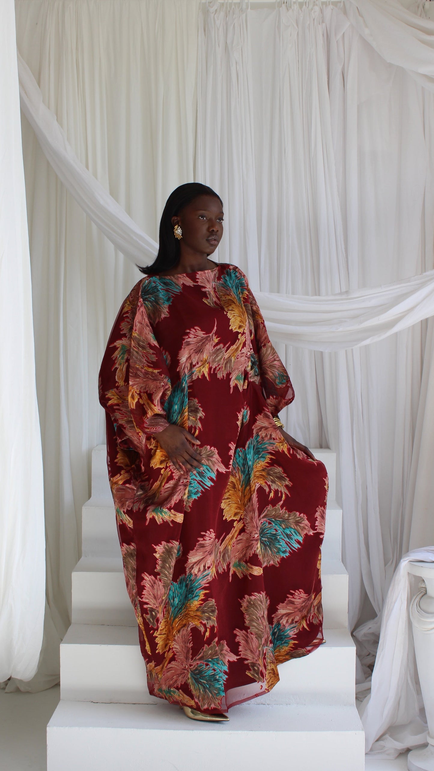 Wafa Print Kaftan Style Dress in Red