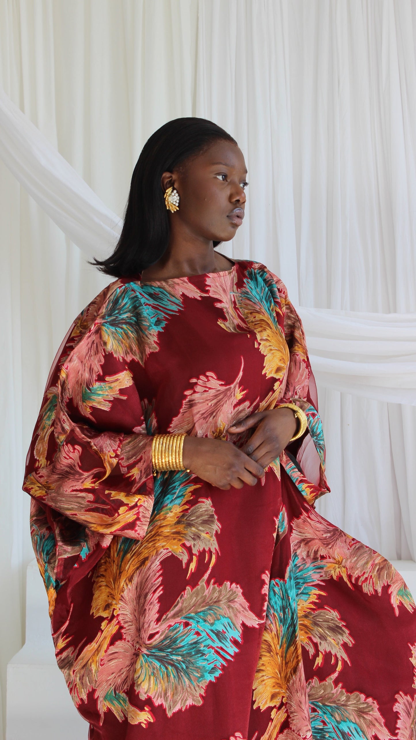 Wafa Print Kaftan Style Dress in Red