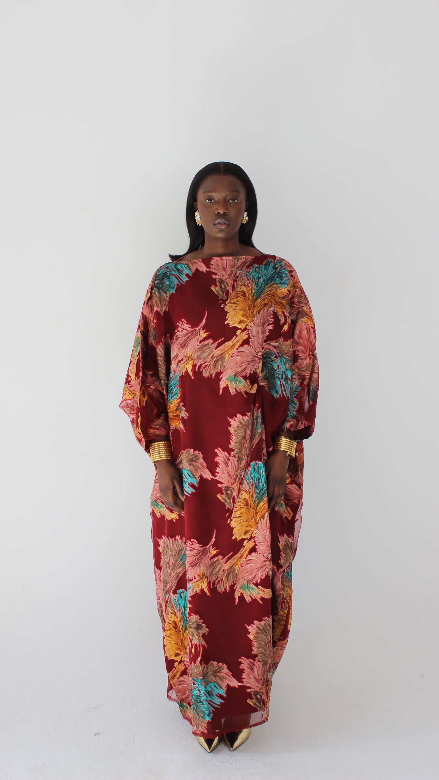 Wafa Print Kaftan Style Dress in Red