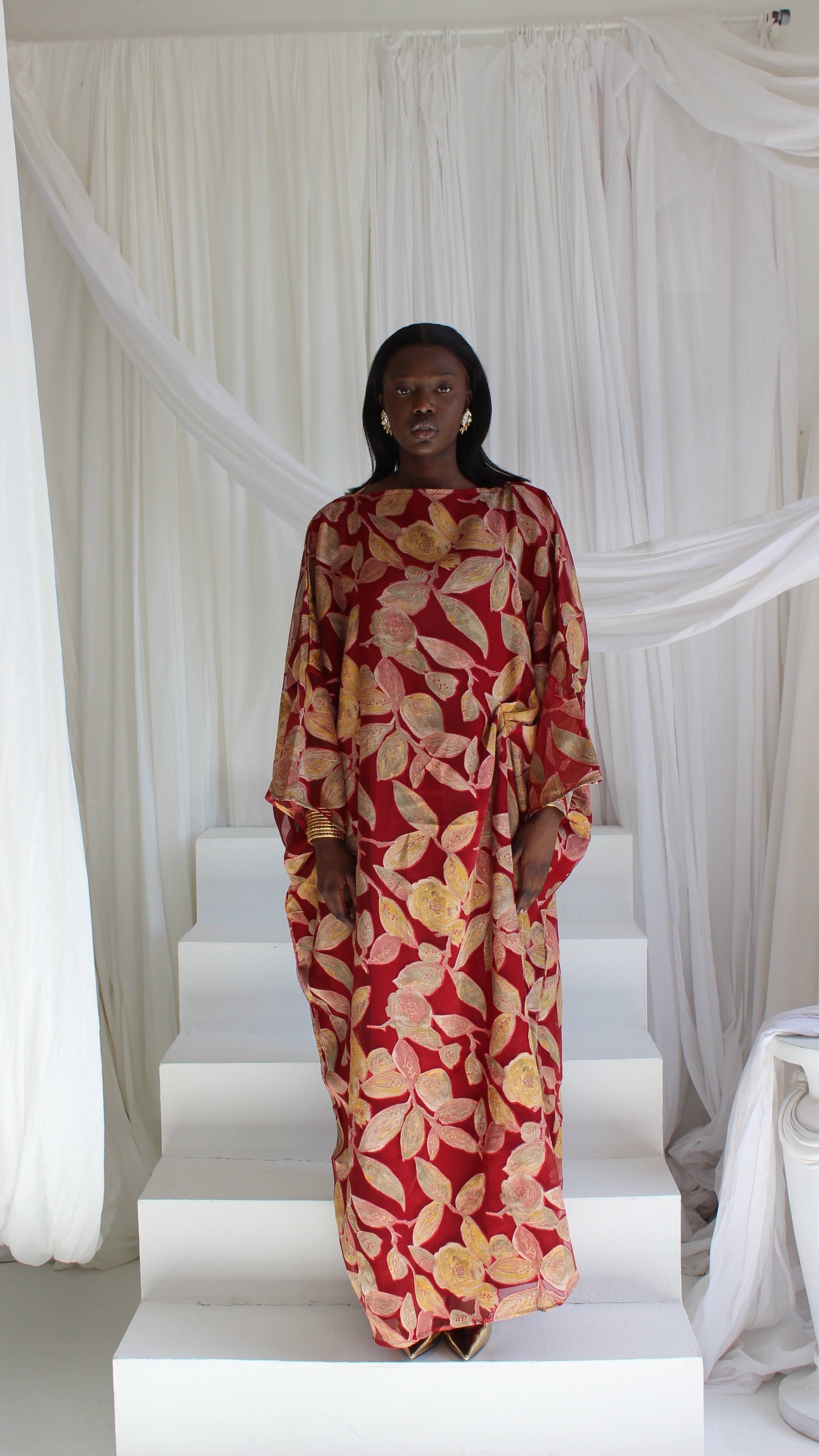 Awa Print Kaftan Style Dress in Red