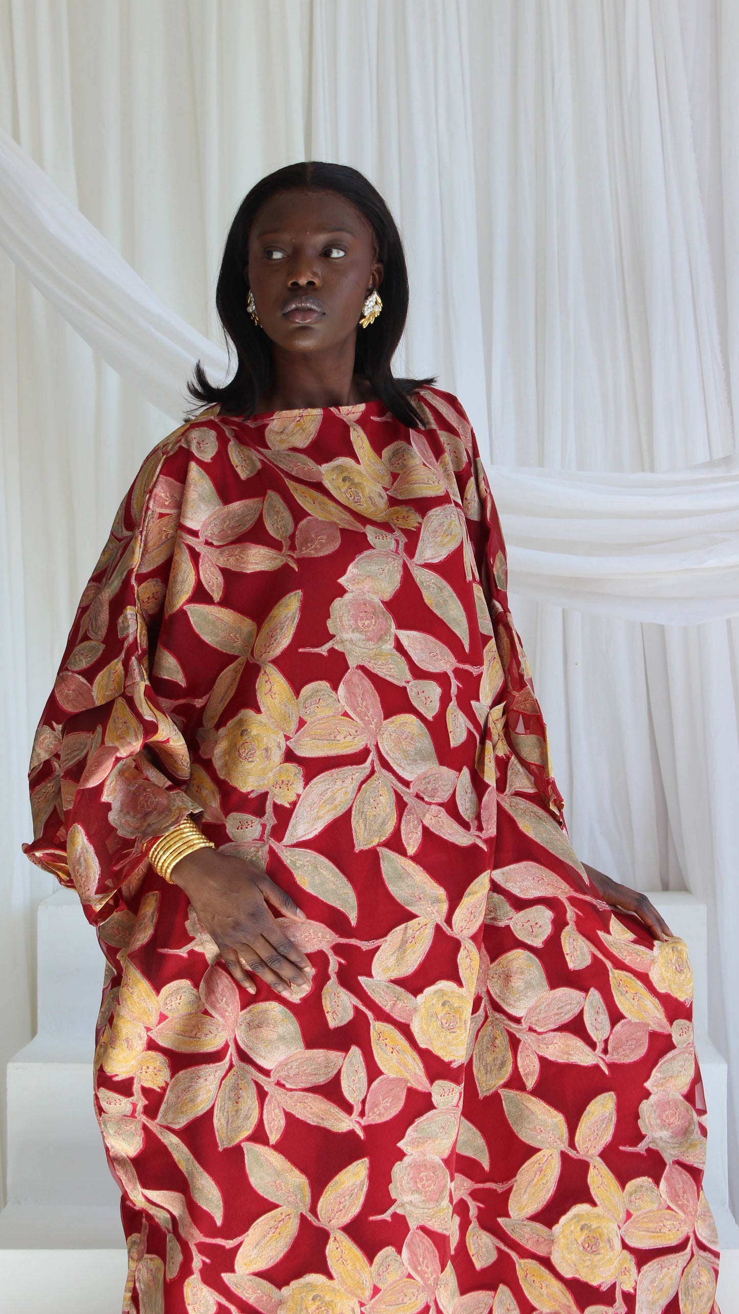 Awa Print Kaftan Style Dress in Red