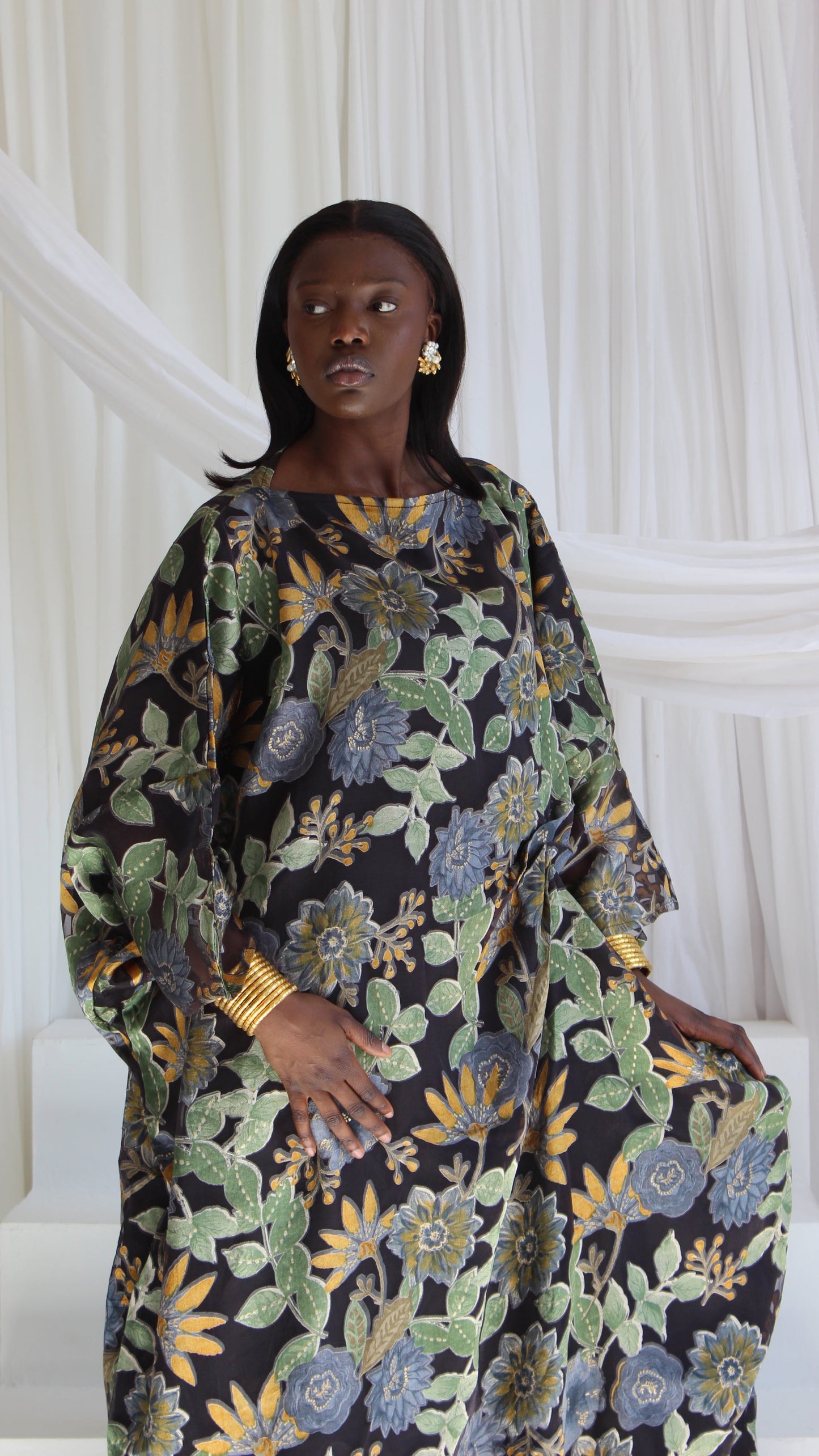 Wafa Print Kaftan Style Dress in Black and Blue
