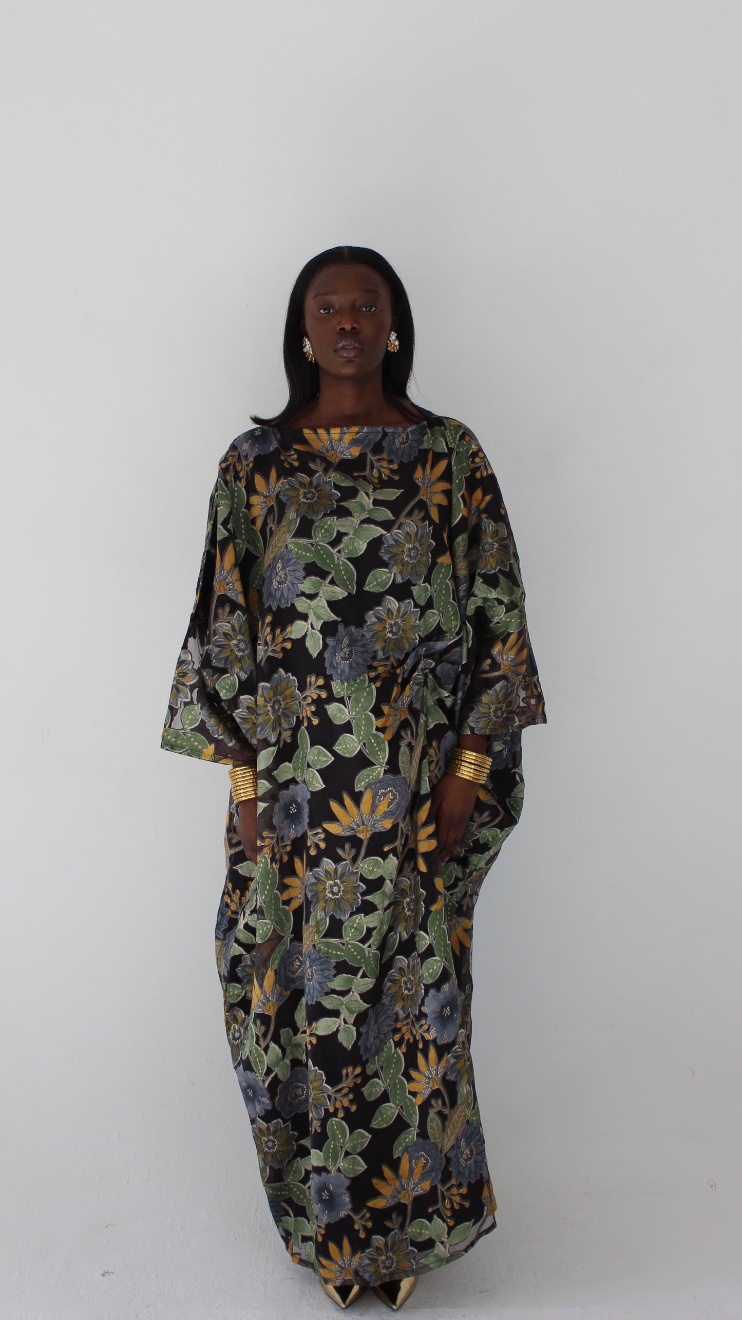 Wafa Print Kaftan Style Dress in Black and Blue