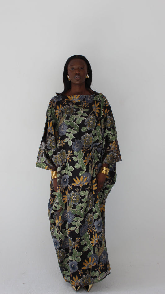 Wafa Print Kaftan Style Dress in Black and Blue