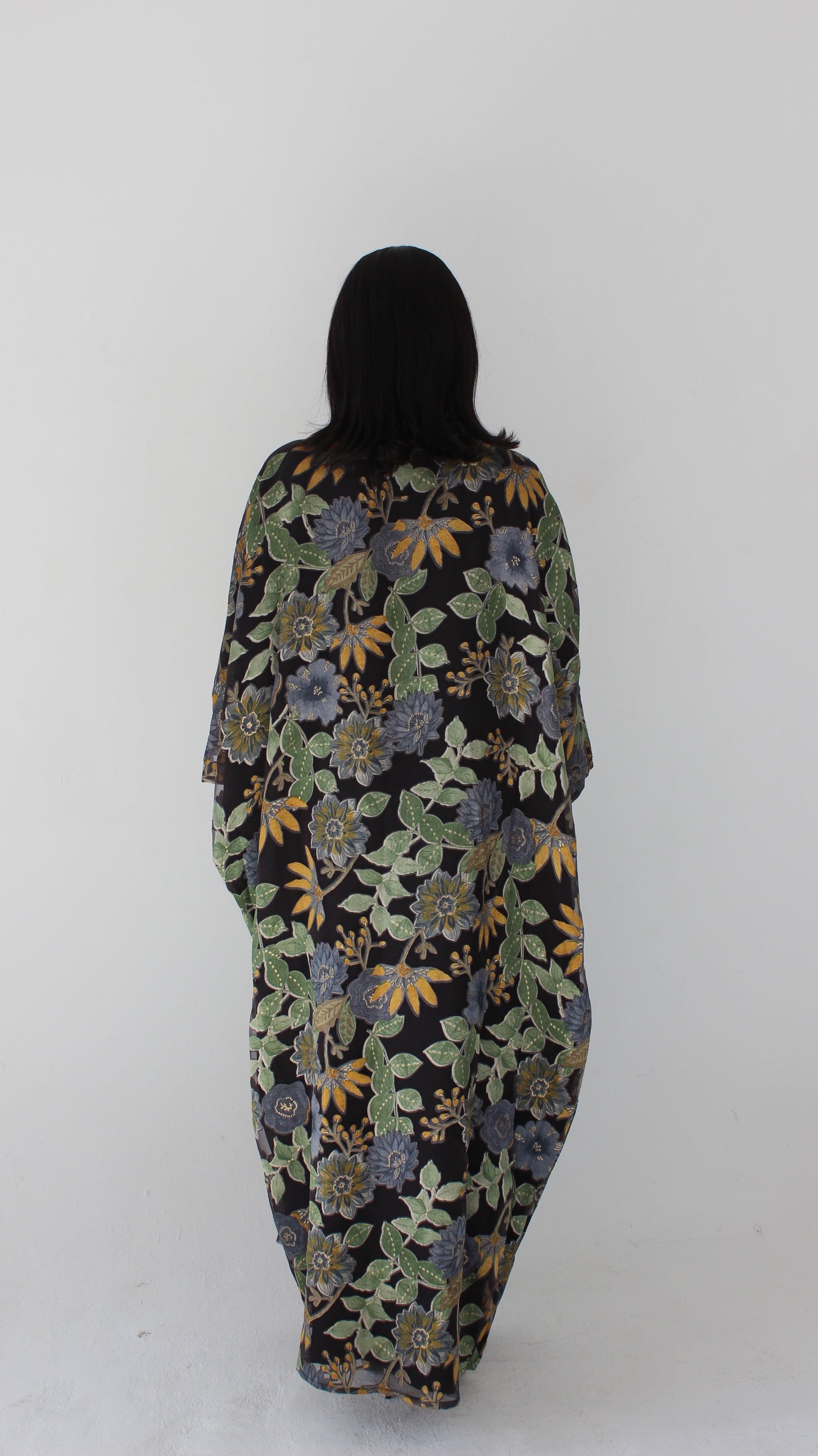 Wafa Print Kaftan Style Dress in Black and Blue