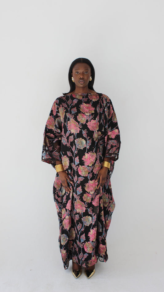 Wafa Print Kaftan Style Dress in Black and Pink
