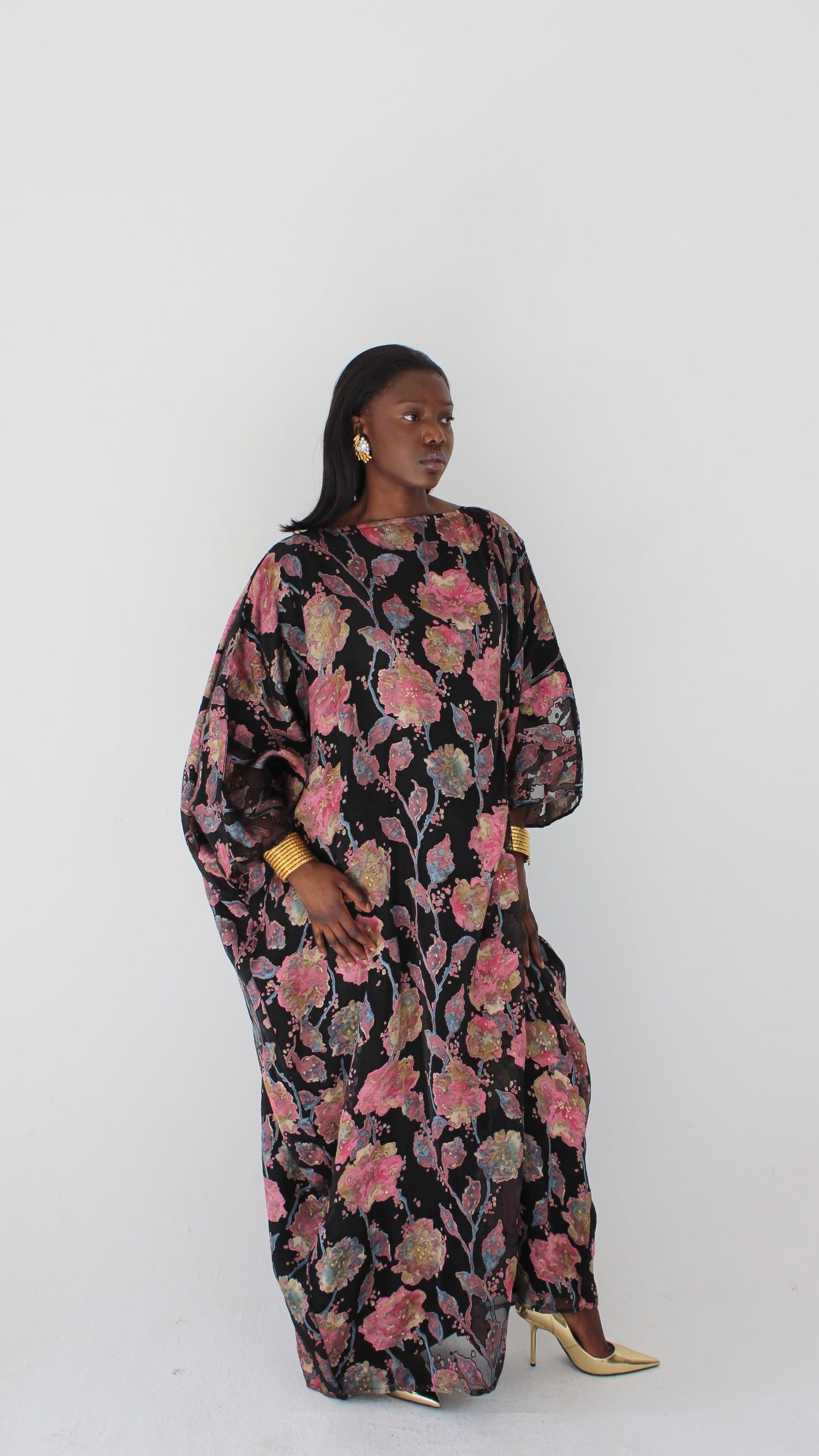 Wafa Print Kaftan Style Dress in Black and Pink