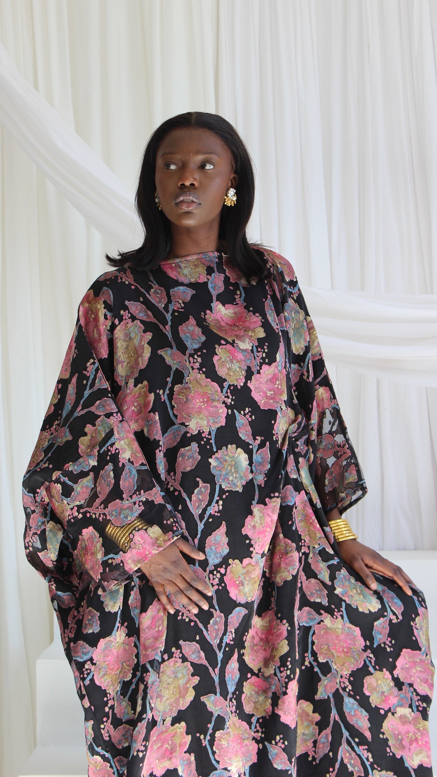 Wafa Print Kaftan Style Dress in Black and Pink