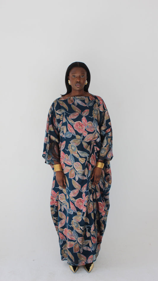 Awa Print Kaftan Style Dress in Teal Blue