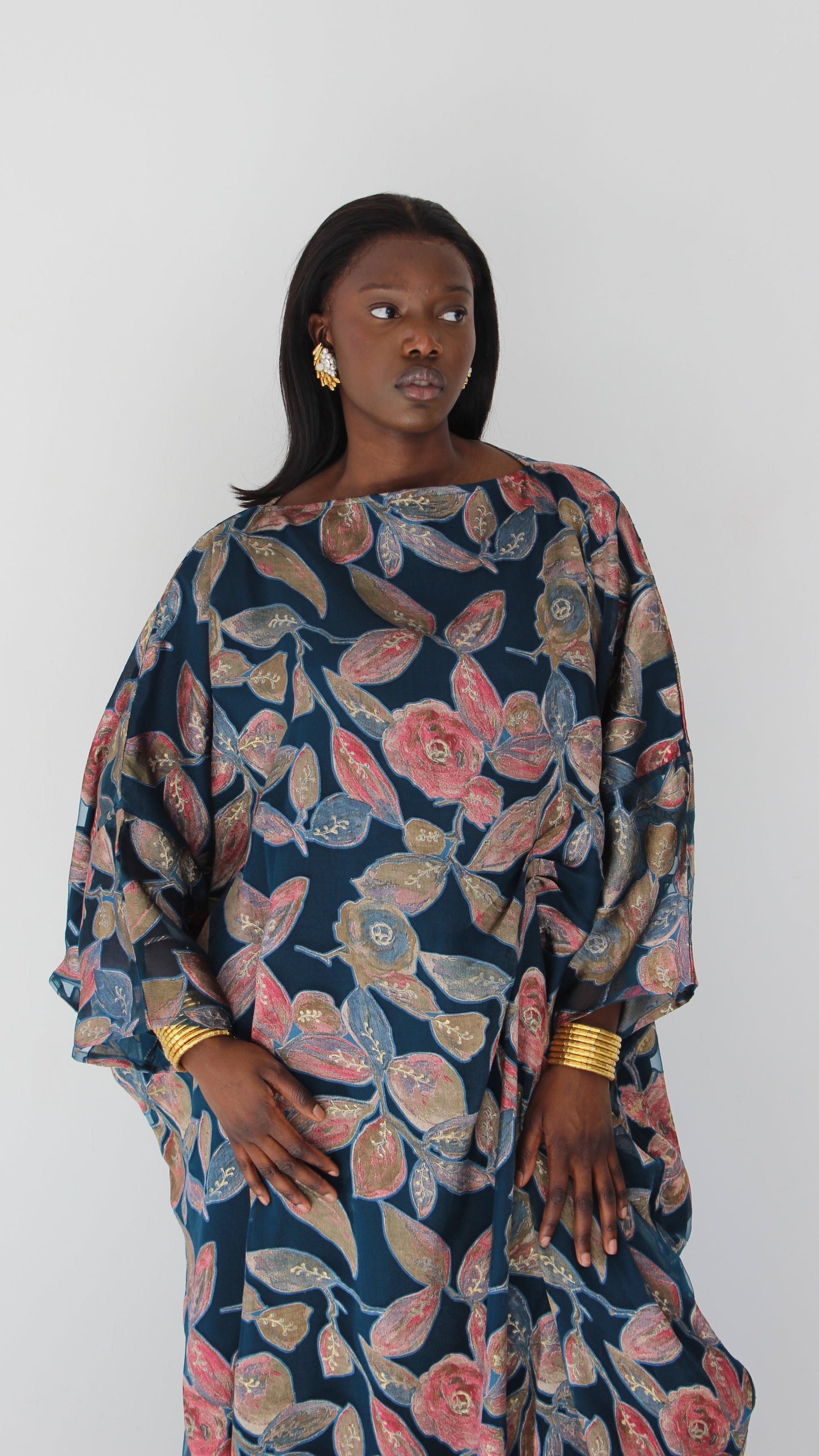 Awa Print Kaftan Style Dress in Teal Blue
