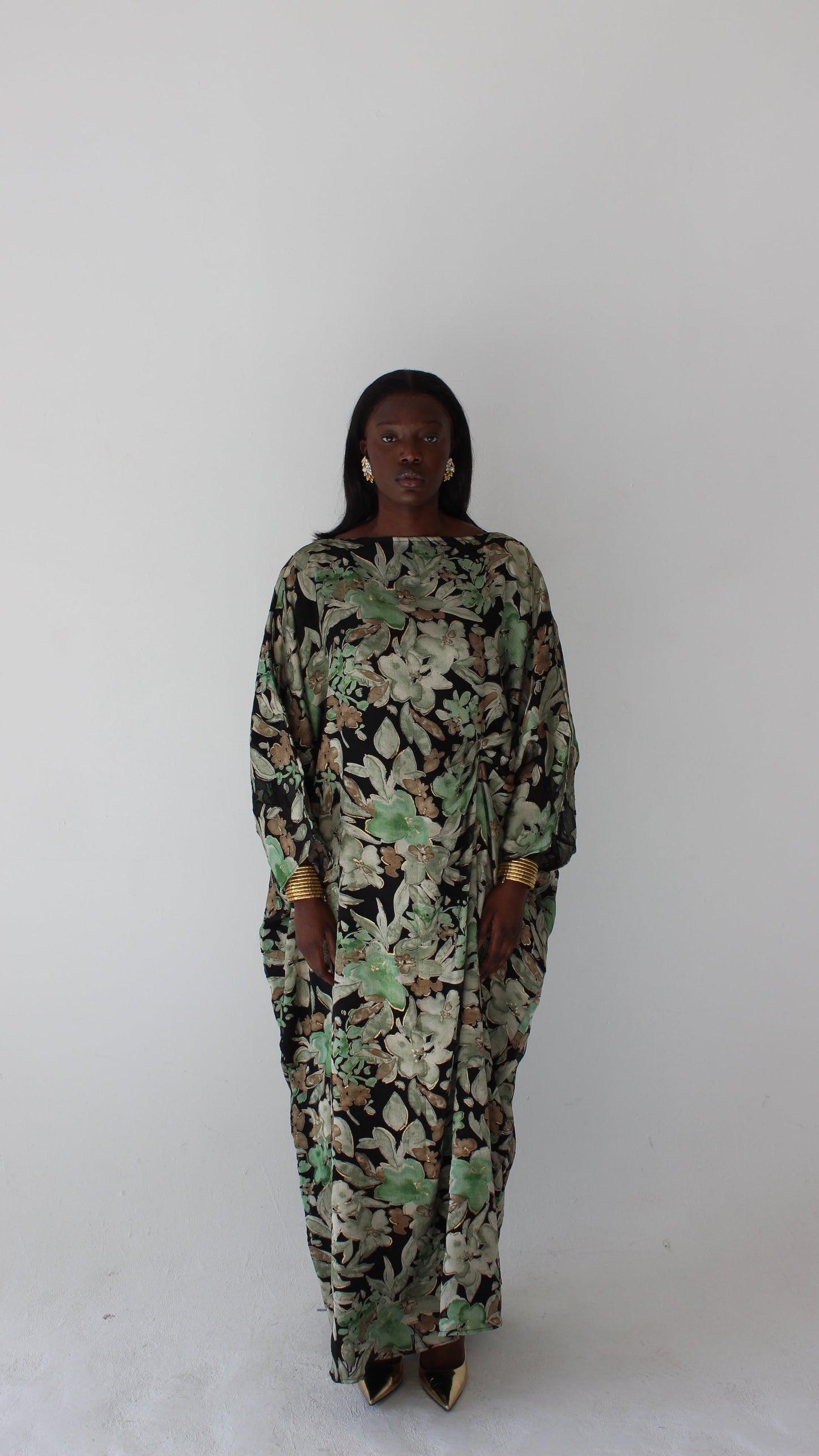 Wafa Print Kaftan Style Dress in Black and Mint