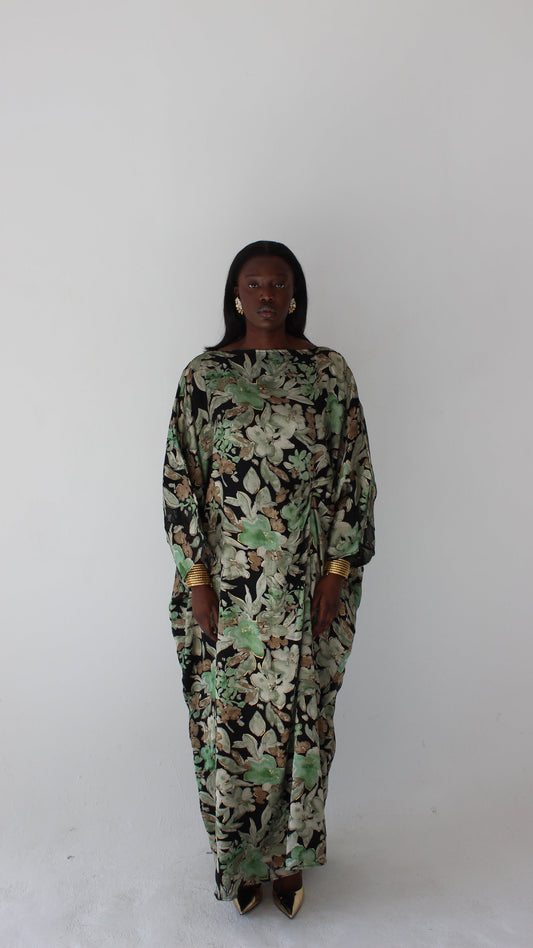 Wafa Print Kaftan Style Dress in Black and Mint