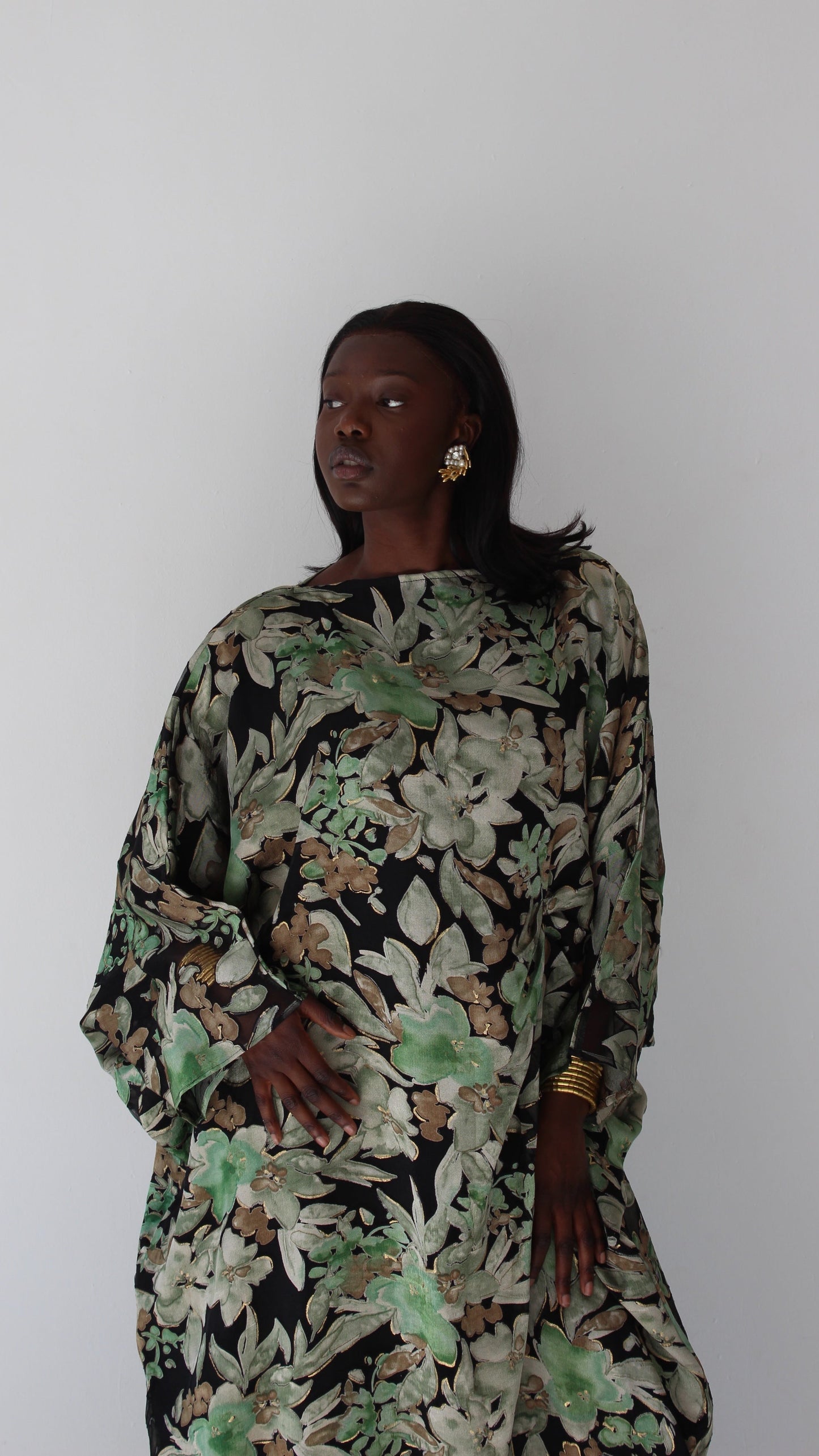 Wafa Print Kaftan Style Dress in Black and Mint