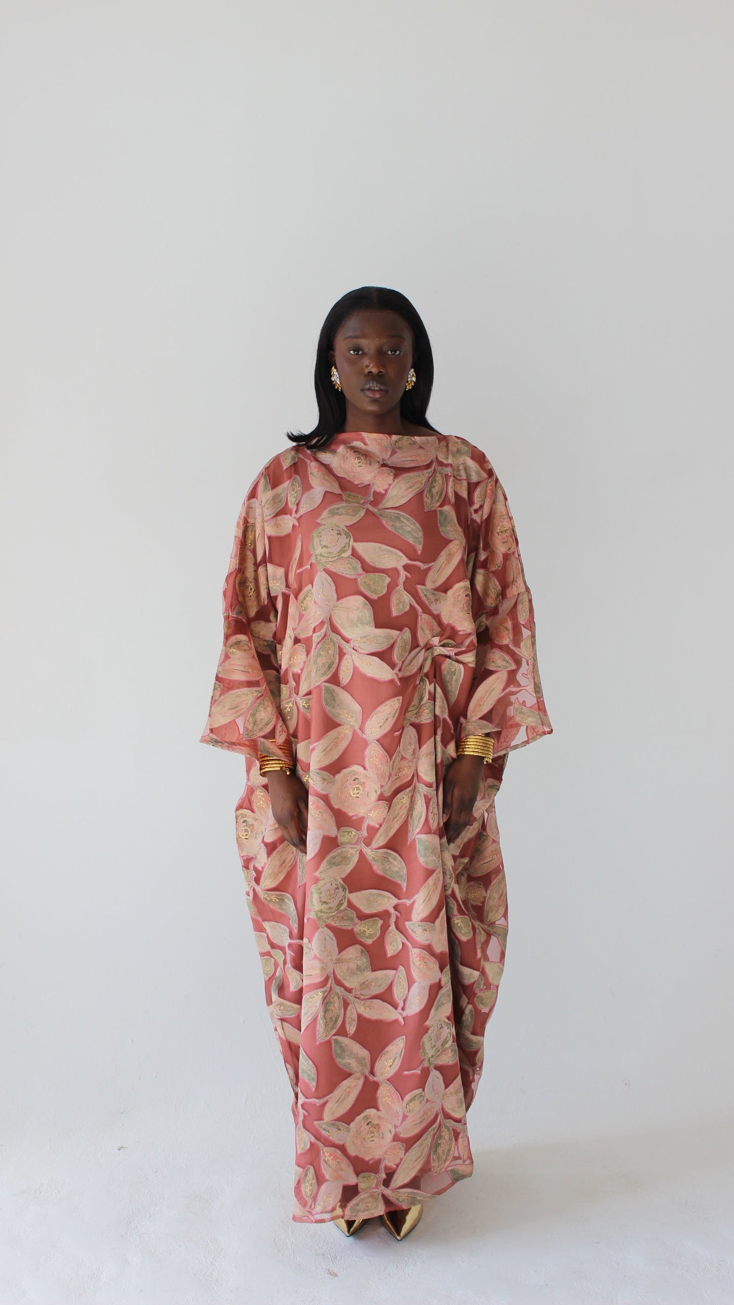Awa Print Kaftan Style Dress in Coral Pink