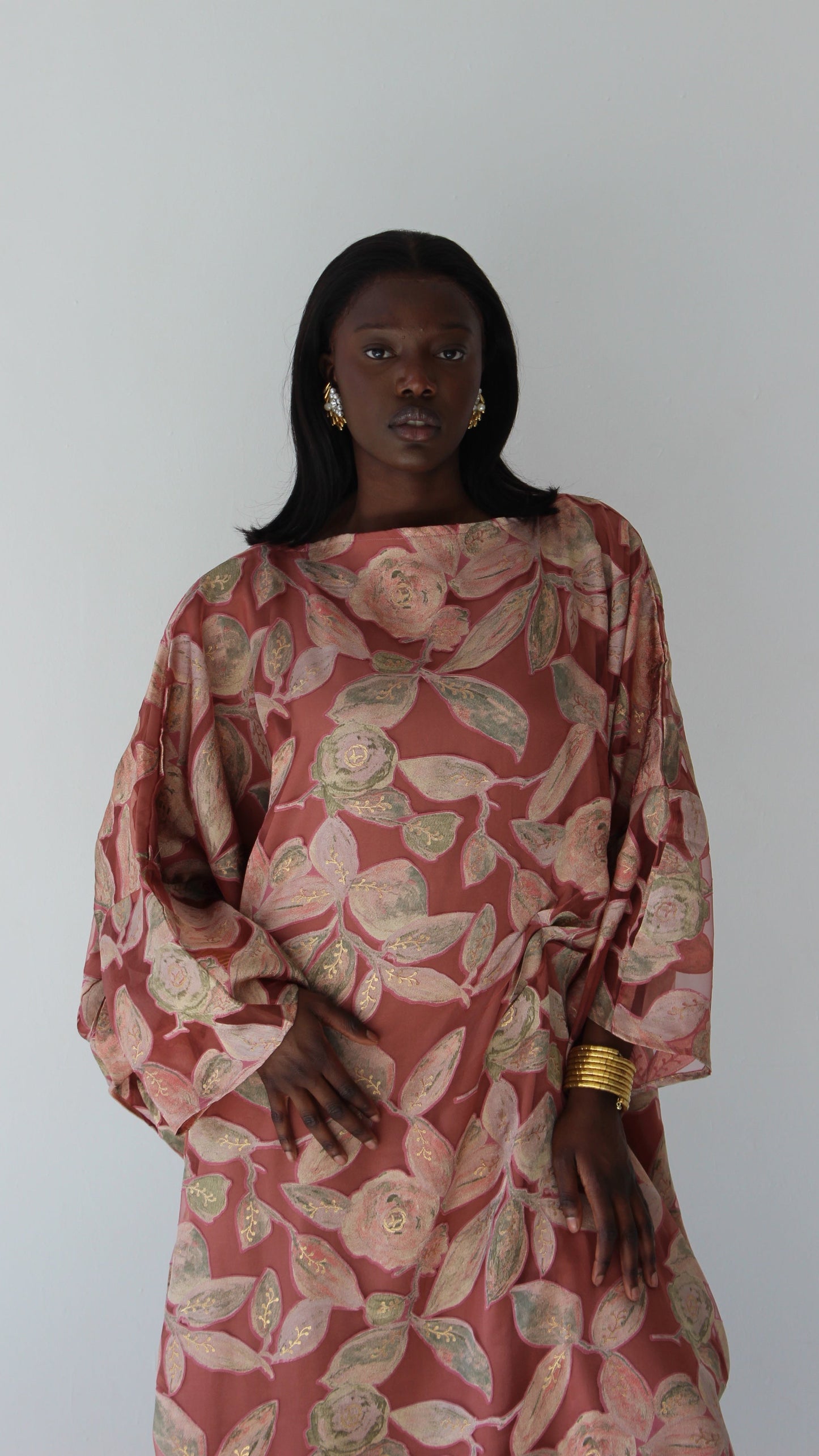 Awa Print Kaftan Style Dress in Coral Pink