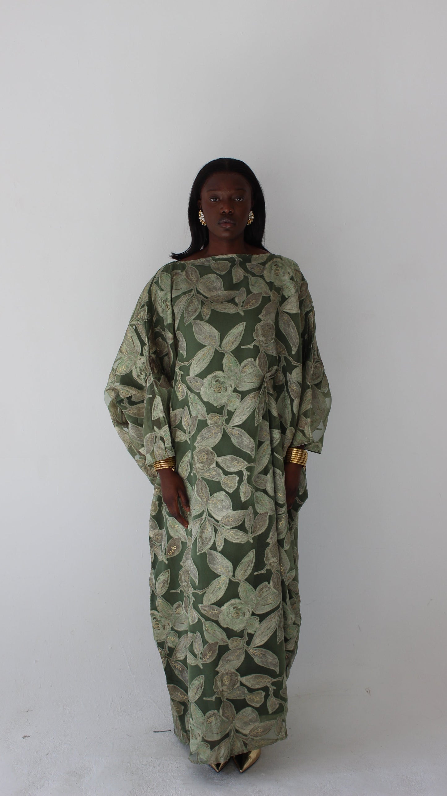 Awa Print Kaftan Style Dress in Sage Green