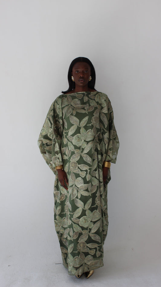 Awa Print Kaftan Style Dress in Sage Green