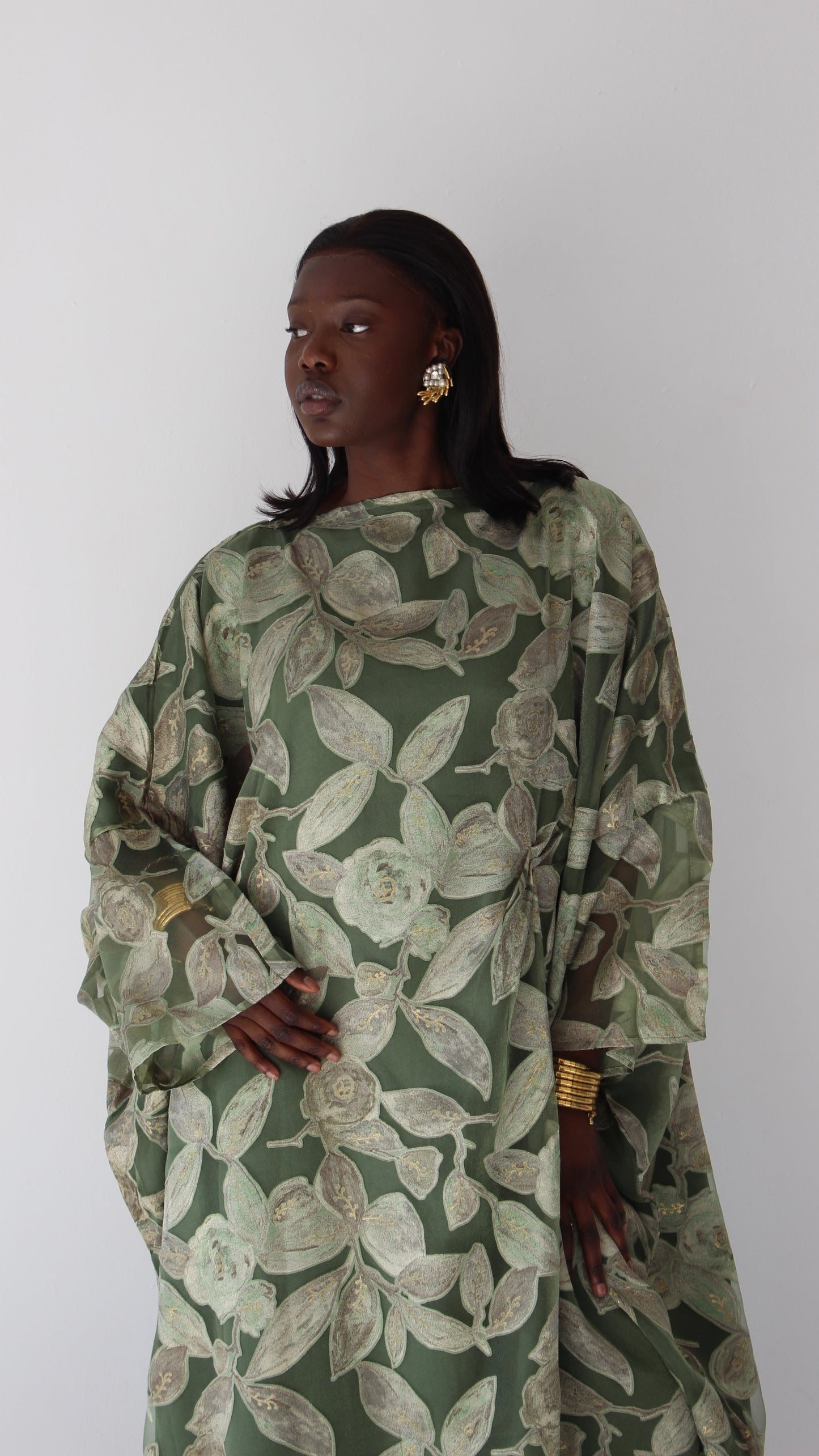Awa Print Kaftan Style Dress in Sage Green